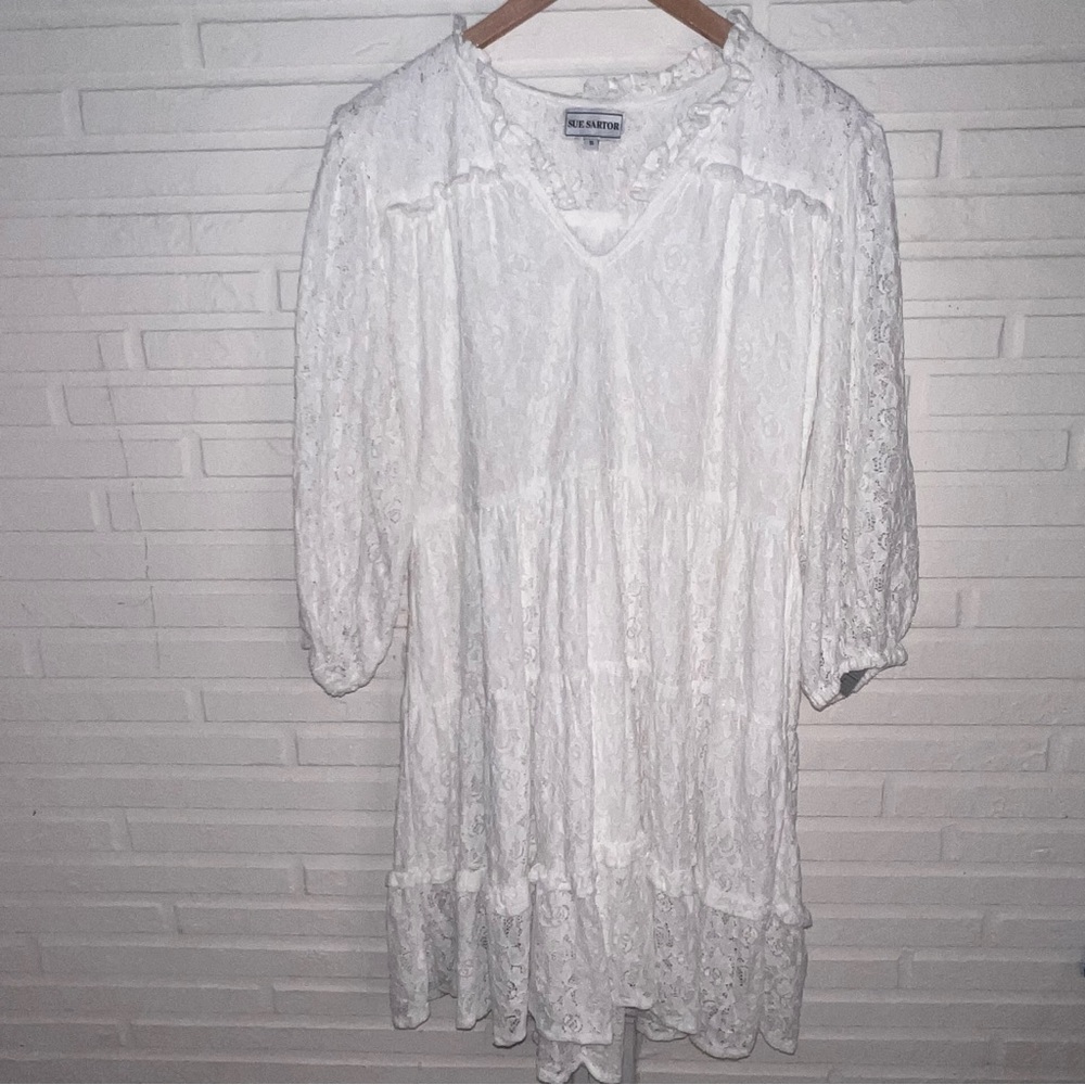 Sue Sartor White Lace Floral Cotton Cottagecore Dress, Women’s size small